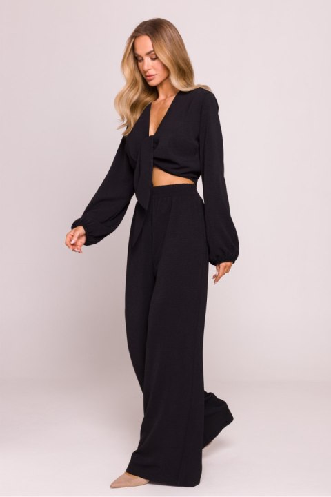 Bluzka damska elegancka wiązana krótka czarna black - Moe Bluzka damska elegancka wiązana krótka czarna black - Moe