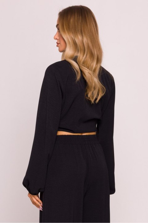 Bluzka damska elegancka wiązana krótka czarna black - Moe Bluzka damska elegancka wiązana krótka czarna black - Moe