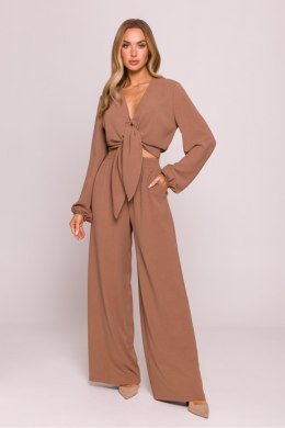 Bluzka damska elegancka wiązana krótka czekolada brown - Moe