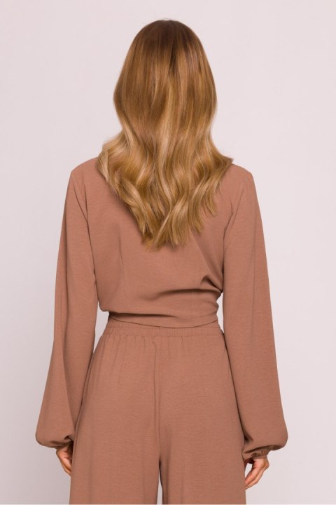 Bluzka damska elegancka wiązana krótka czekolada brown - Moe Bluzka damska elegancka wiązana krótka czekolada brown - Moe