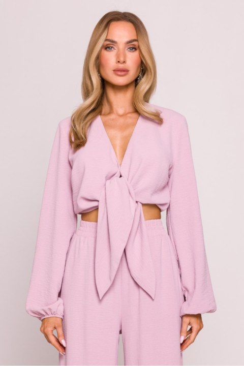 Bluzka damska elegancka wiązana krótka brudny róż dirty pink - Moe Bluzka damska elegancka wiązana krótka brudny róż dirty pink - Moe