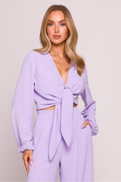 Bluzka damska elegancka wiązana krótka fiołek liliowa - Moe Bluzka damska elegancka wiązana krótka fiołek liliowa - Moe