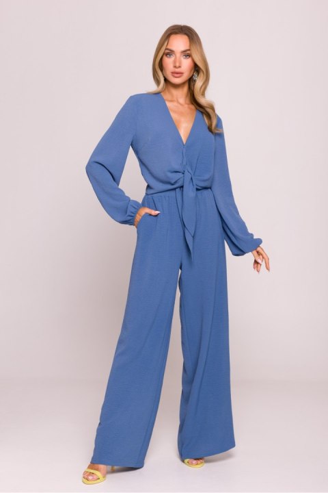 Bluzka damska elegancka wiązana krótka niebieska blue jeans - Moe Bluzka damska elegancka wiązana krótka niebieska blue jeans - Moe