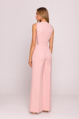 Kombinezon damski długi elegancki klasyczny pudrowy róż powder pink - Moe