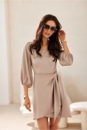 Sukienka damska elegancka kopertowa mini Federica  jasny beż light beige - Roco Fashion