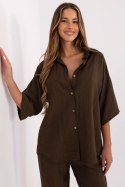Koszula Damska lniana Model MI-KS-6537.74P ciemny brązowy dark brown - Italy Moda