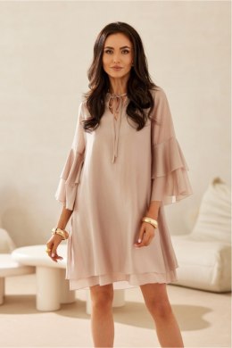 Sukienka damska elegancka trapezowa mini Model Beatrice BEZ SUK0525 beżowa Beige - Roco Fashion