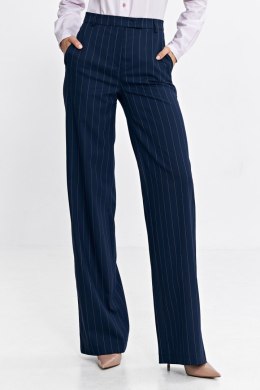 Spodnie damskie  bootcut z krytym guzikiem prążek SD103 Navy - Nife