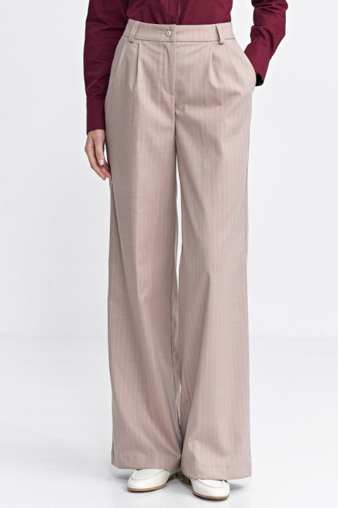 Spodnie damskie z zakładkami wide leg prążek SD105 Beige - Nife Spodnie damskie z zakładkami wide leg prążek SD105 Beige - Nife