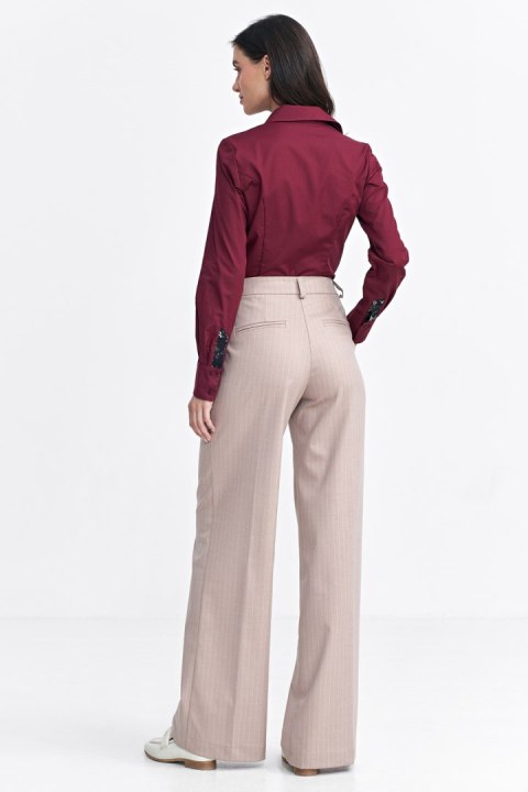 Spodnie damskie z zakładkami wide leg prążek SD105 Beige - Nife Spodnie damskie z zakładkami wide leg prążek SD105 Beige - Nife