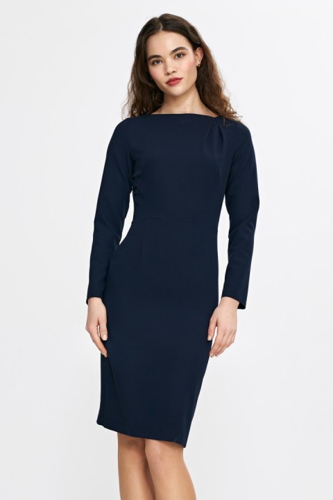 Sukienka z asymetryczną zakładką przy dekolcie S265 Navy - Nife Sukienka z asymetryczną zakładką przy dekolcie S265 Navy - Nife