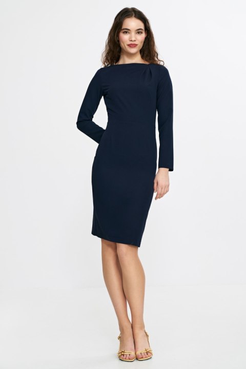 Sukienka z asymetryczną zakładką przy dekolcie S265 Navy - Nife Sukienka z asymetryczną zakładką przy dekolcie S265 Navy - Nife