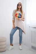 Bluzka oversize z nadrukiem tęczowych ust beżowa  