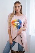 Bluzka oversize z nadrukiem tęczowych ust ciemny pudrowy róż  