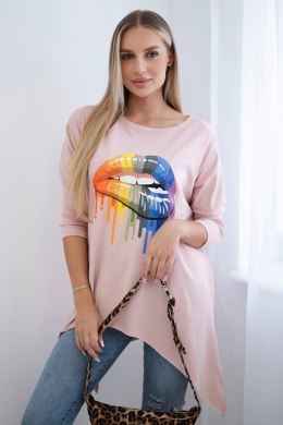 Bluzka oversize z nadrukiem tęczowych ust ciemny pudrowy róż  