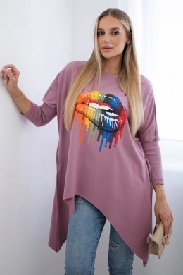 Bluzka oversize z nadrukiem tęczowych ust ciemny różowy  
