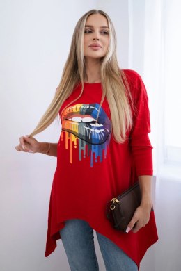 Bluzka oversize z nadrukiem tęczowych ust czerwona  