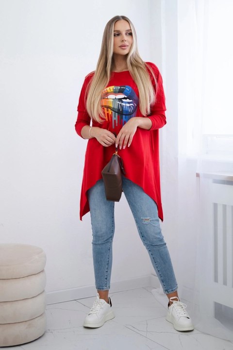 Bluzka oversize z nadrukiem tęczowych ust czerwona Bluzka oversize z nadrukiem tęczowych ust czerwona