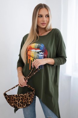 Bluzka oversize z nadrukiem tęczowych ust khaki  