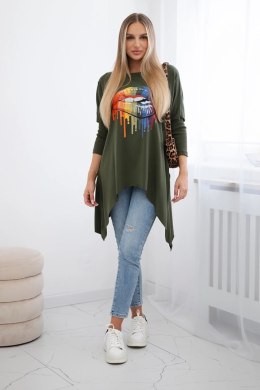 Bluzka oversize z nadrukiem tęczowych ust khaki  