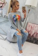 Bluzka oversize z nadrukiem tęczowych ust szara  