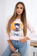 Bluzka z grafiką 3D, koronka pudrowy róż  