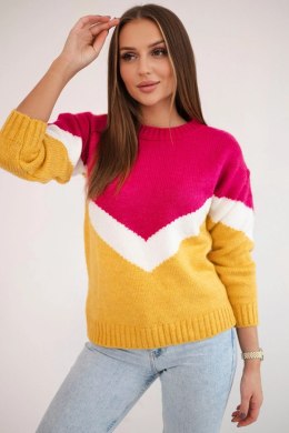 Sweter w geometryczne wzory fuksja+musztardowy  