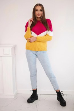 Sweter w geometryczne wzory fuksja+musztardowy  