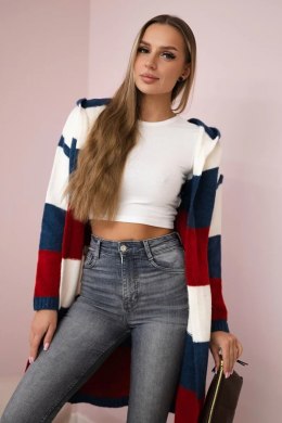 Sweter w pasy trzykolorowy ecru+jeans+czerwony  