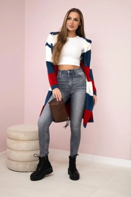 Sweter w pasy trzykolorowy ecru+jeans+czerwony  