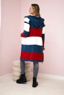 Sweter w pasy trzykolorowy ecru+jeans+czerwony  