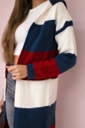 Sweter w pasy trzykolorowy ecru+jeans+czerwony  