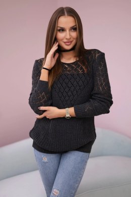 Sweter z ażurowym zdobieniem ciemny grafitowy  