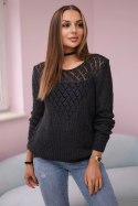 Sweter z ażurowym zdobieniem ciemny grafitowy  