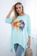 Bluzka oversize z nadrukiem tęczowych ust miętowa  