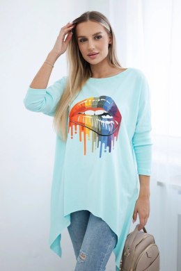 Bluzka oversize z nadrukiem tęczowych ust miętowa  