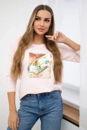 Bluzka z grafiką 3D Bird pudrowy róż  