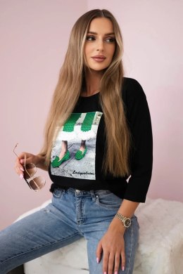 Bluzka z grafiką 3D z cyrkoniami czarna  