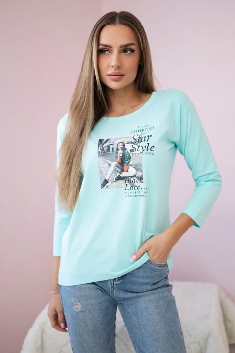 Bluzka z nadrukiem Star Style miętowa Bluzka z nadrukiem Star Style miętowa