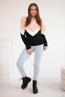 Sweter w geometryczne wzory pudrowy róż+czarny  