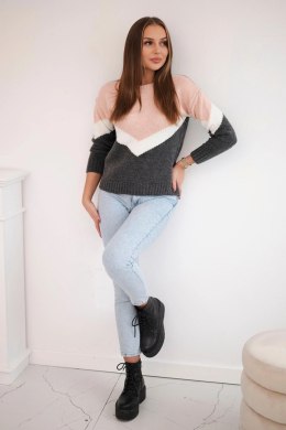 Sweter w geometryczne wzory pudrowy róż+grafitowy  