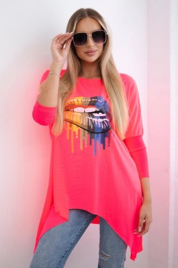 Bluzka oversize z nadrukiem tęczowych ust różowy neon  