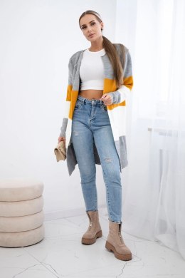 Sweter Kardigan w pasy szary+musztardowy  