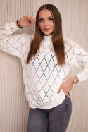 Sweter z półgolfem i wzorem w romby ecru  