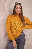 Sweter z półgolfem i wzorem w romby musztardowy  