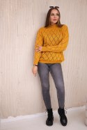 Sweter z półgolfem i wzorem w romby musztardowy  
