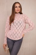 Sweter z półgolfem i wzorem w romby pudrowy róż  