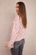 Sweter z półgolfem i wzorem w romby pudrowy róż  