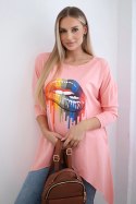 Bluzka oversize z nadrukiem tęczowych ust morelowa  
