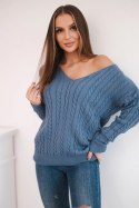 Sweter pleciony z dekoltem V jeansowy  